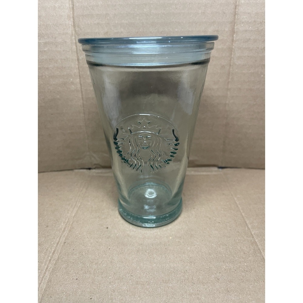 Starbucks Recycled Glass Tumbler Embossed Siren Logo Cold Cup w/ Lid Green Tint